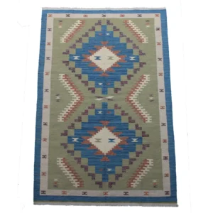 Rug's and Kilim Modern Scandinavian Blue Border Flatweave Wool Rug