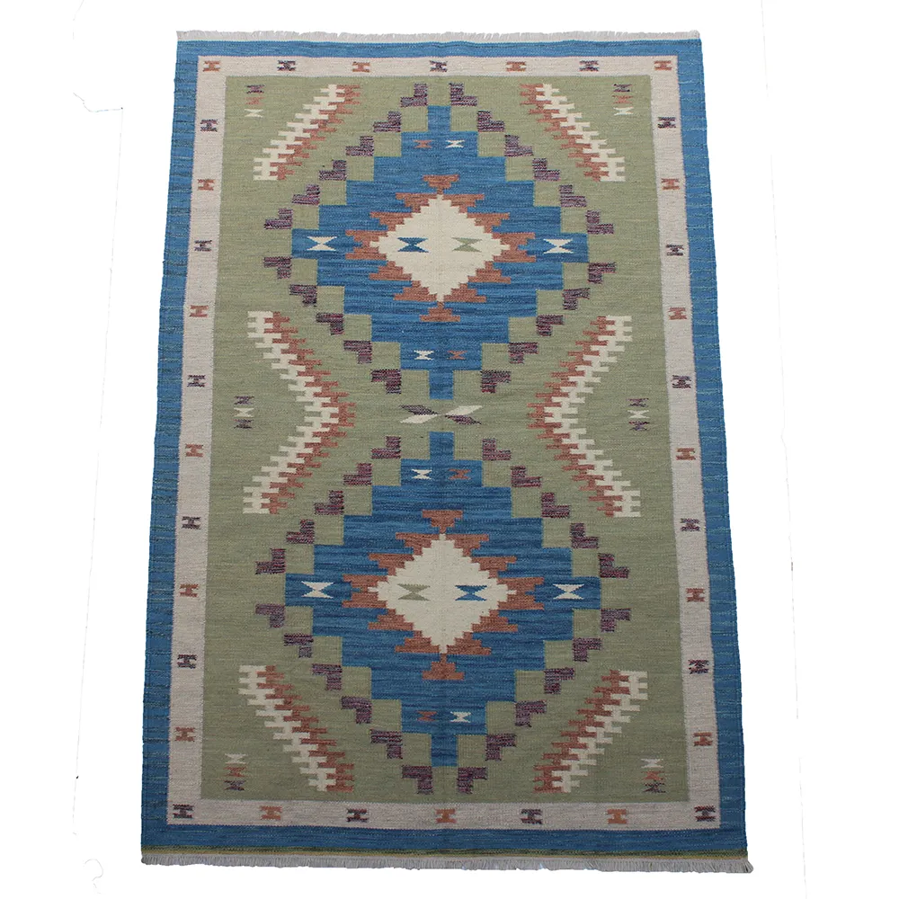 Rug's and Kilim Modern Scandinavian Blue Border Flatweave Wool Rug