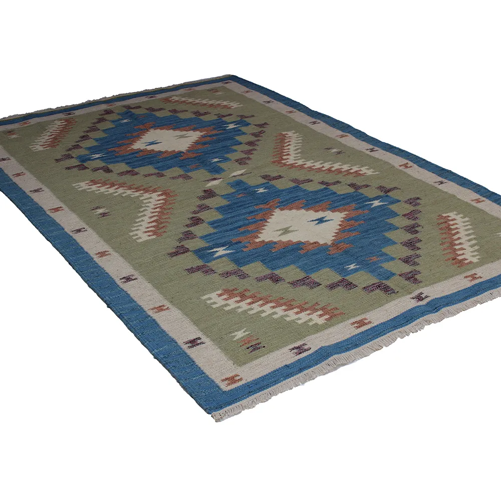 Rug's and Kilim Modern Scandinavian Blue Border Flatweave Wool Rug - Image 3