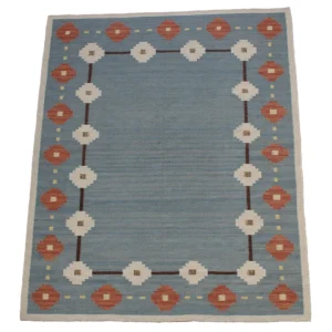 Rug's and Kilim Modern Handmade Swedish Blue Frame Wool Rug