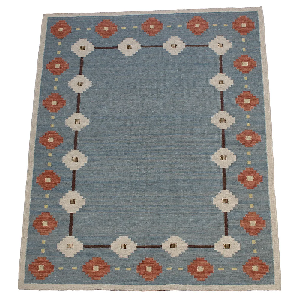 Rug's and Kilim Modern Handmade Swedish Blue Frame Wool Rug