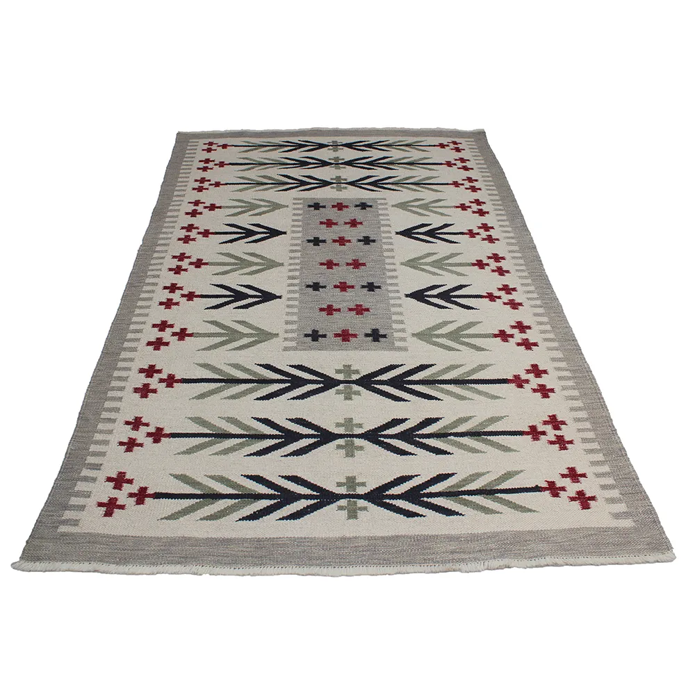 Rug's and Kilim Handwoven Swedish Tribal Motif Flatweave Wool Rug