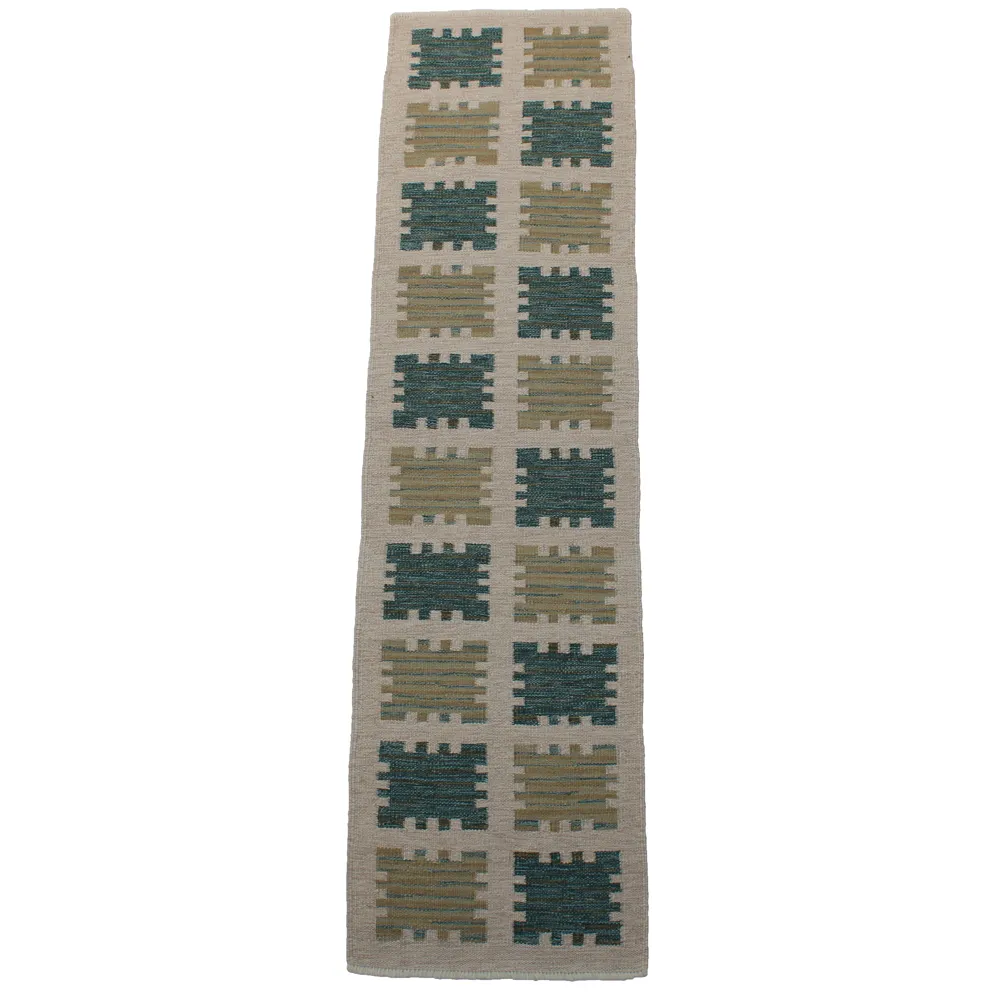 Rug's and Kilim Handwoven Blue Green Scandinavian Runner Wool Rug