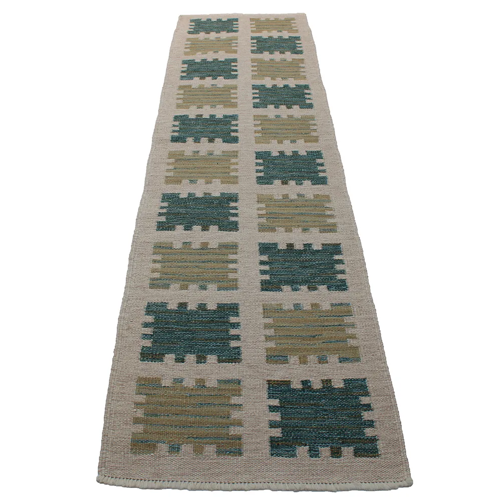 Rug's and Kilim Handwoven Blue Green Scandinavian Runner Wool Rug - Image 2